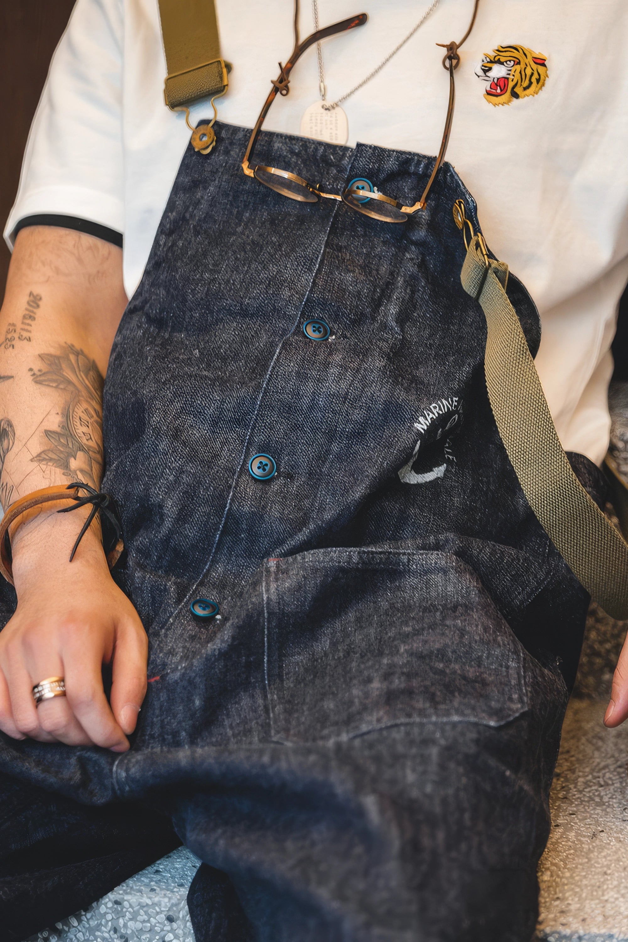 Vintage American Workwear Suspender Overalls with Wide-Leg Denim
