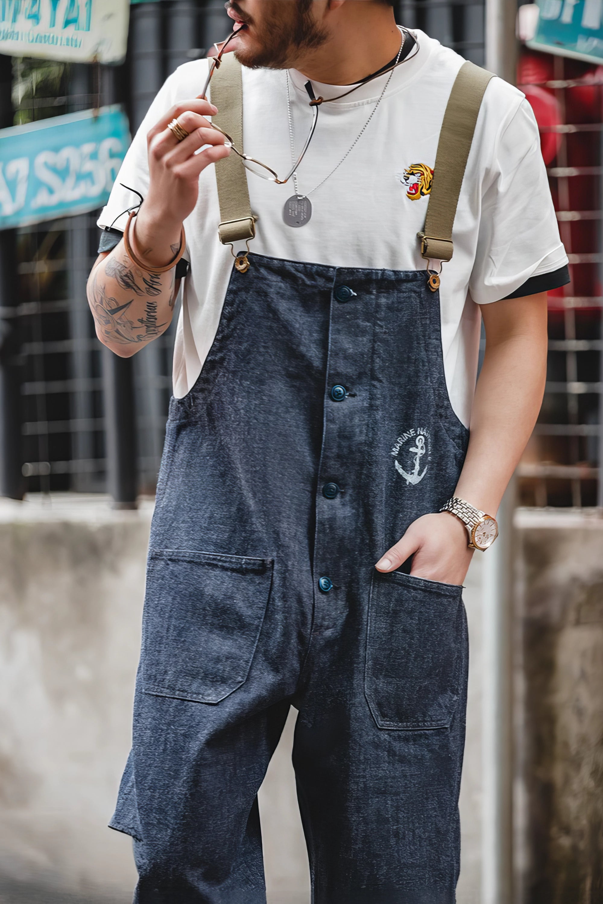 Vintage American Workwear Suspender Overalls with Wide-Leg Denim