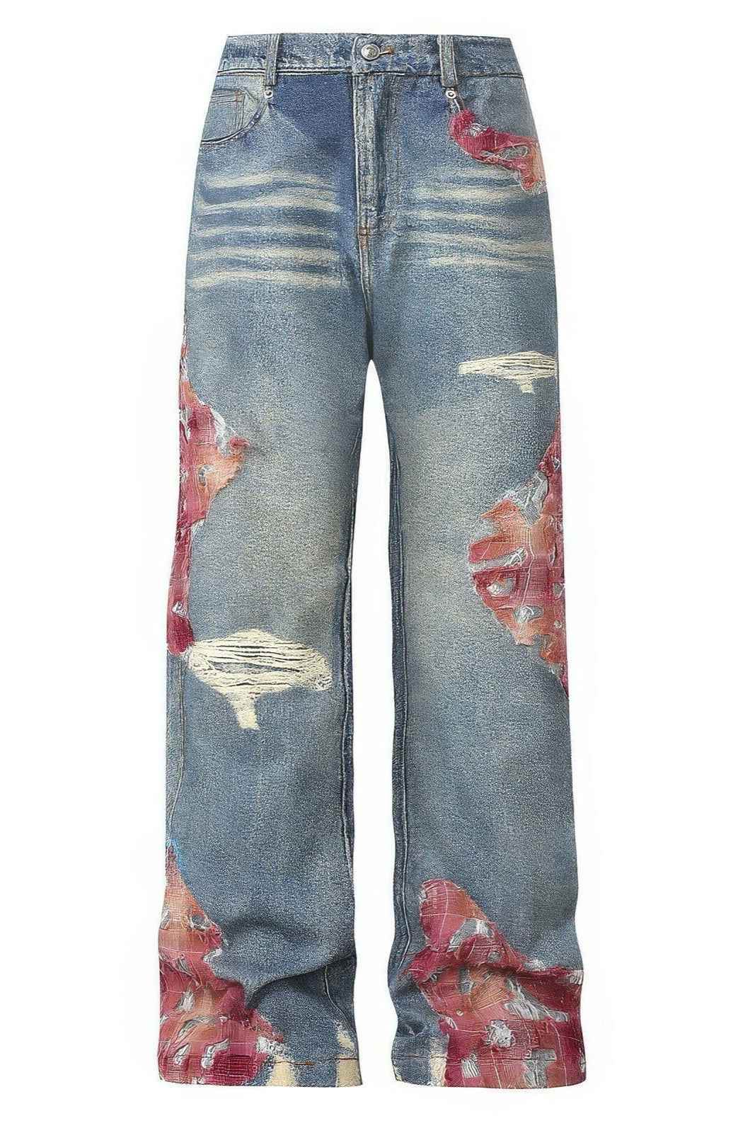 Lace & Flame Patchwork Denim Pants - Wide-Leg, Washed Look - 4inme
