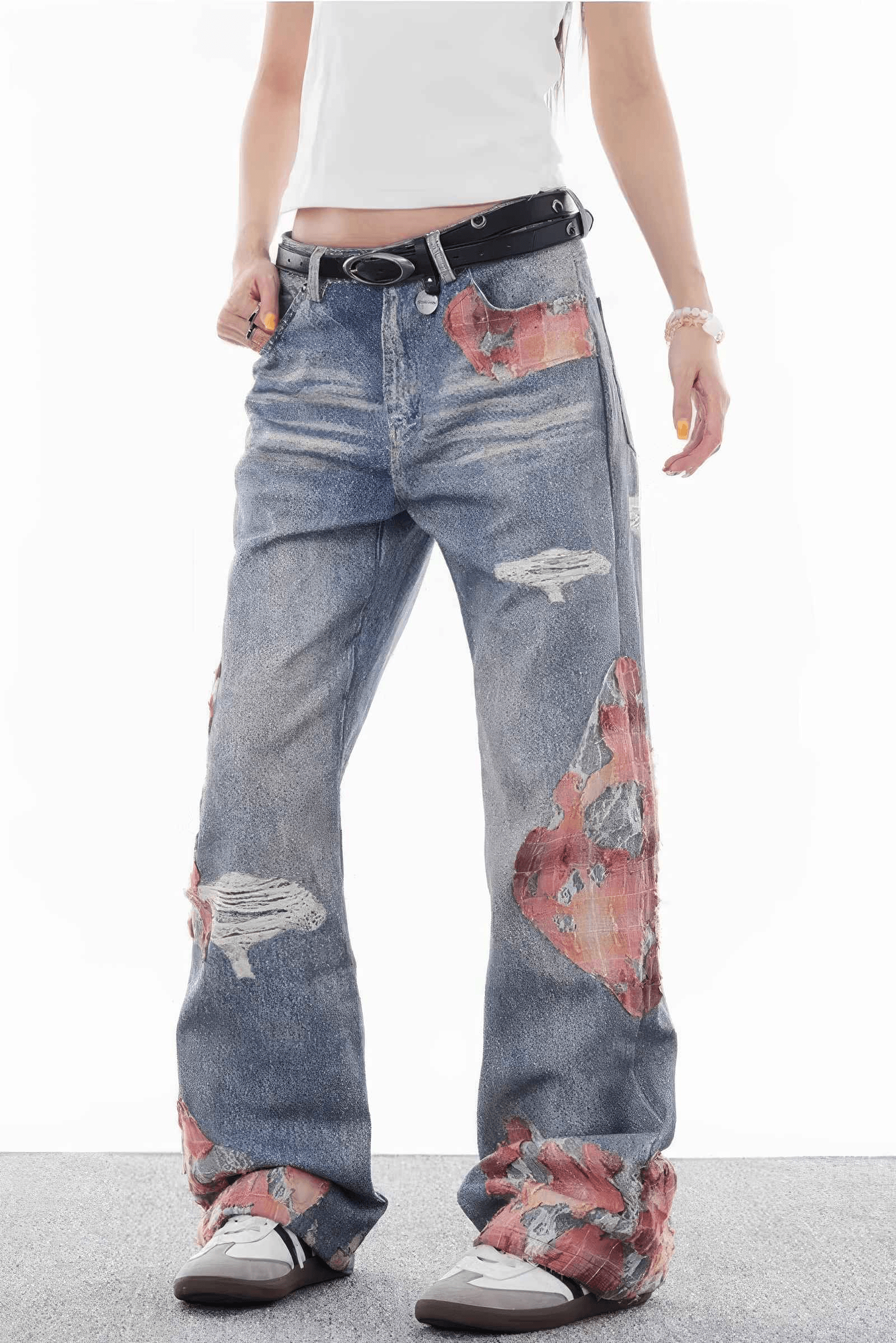 Lace & Flame Patchwork Denim Pants - Wide-Leg, Washed Look - 4inme