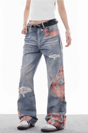 Lace & Flame Patchwork Denim Pants - Wide-Leg, Washed Look - 4inme