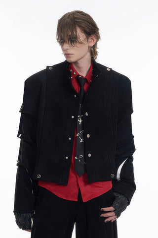 Men's Black Suede Short Jacket - Spring Crinkle Sleeve Coat - 4inme