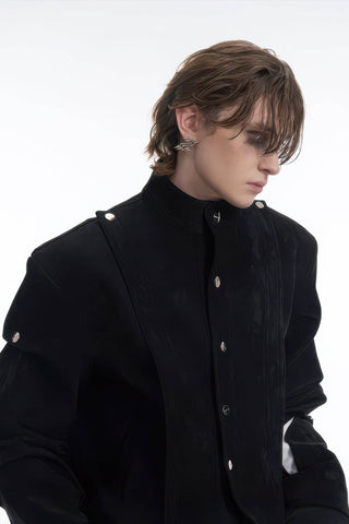 Men's Black Suede Short Jacket - Spring Crinkle Sleeve Coat - 4inme