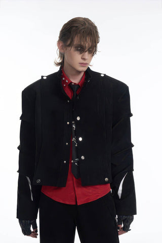Men's Black Suede Short Jacket - Spring Crinkle Sleeve Coat - 4inme