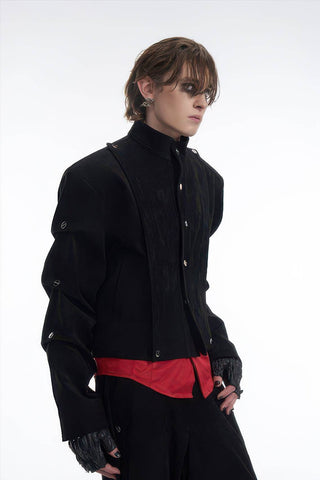 Men's Black Suede Short Jacket - Spring Crinkle Sleeve Coat - 4inme