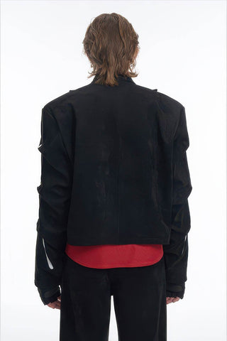 Men's Black Suede Short Jacket - Spring Crinkle Sleeve Coat - 4inme