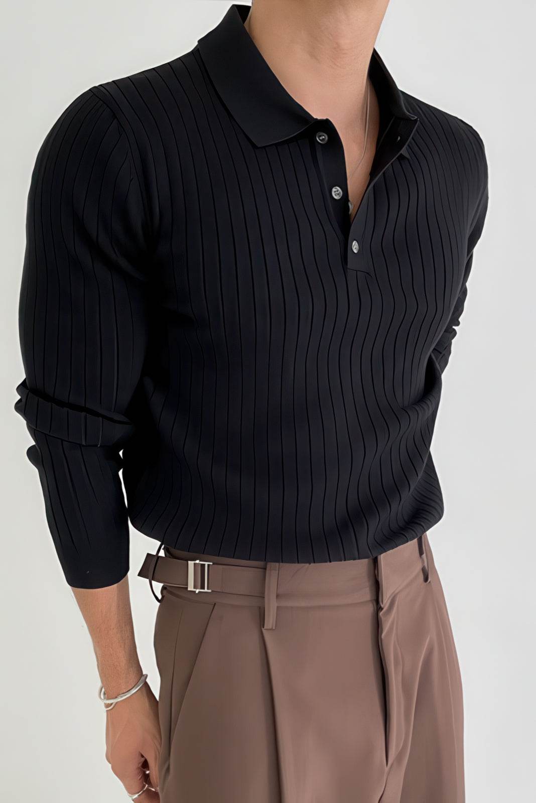 Men's Knit Polo Shirt - Muscle Fit Striped Long Sleeve Top - 4inme