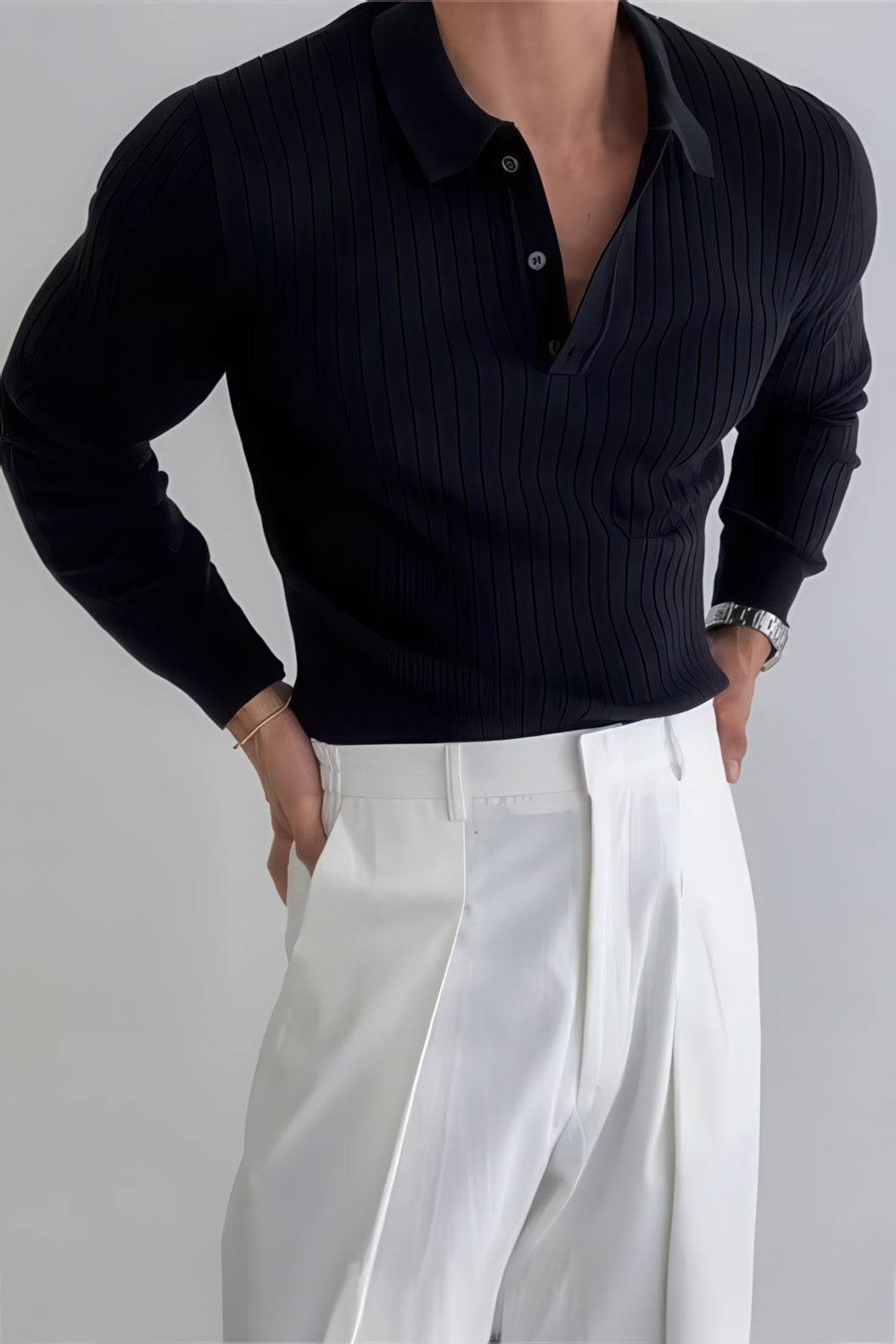 Men's Knit Polo Shirt - Muscle Fit Striped Long Sleeve Top - 4inme