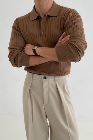 Men's Knit Polo Shirt - Muscle Fit Striped Long Sleeve Top - 4inme