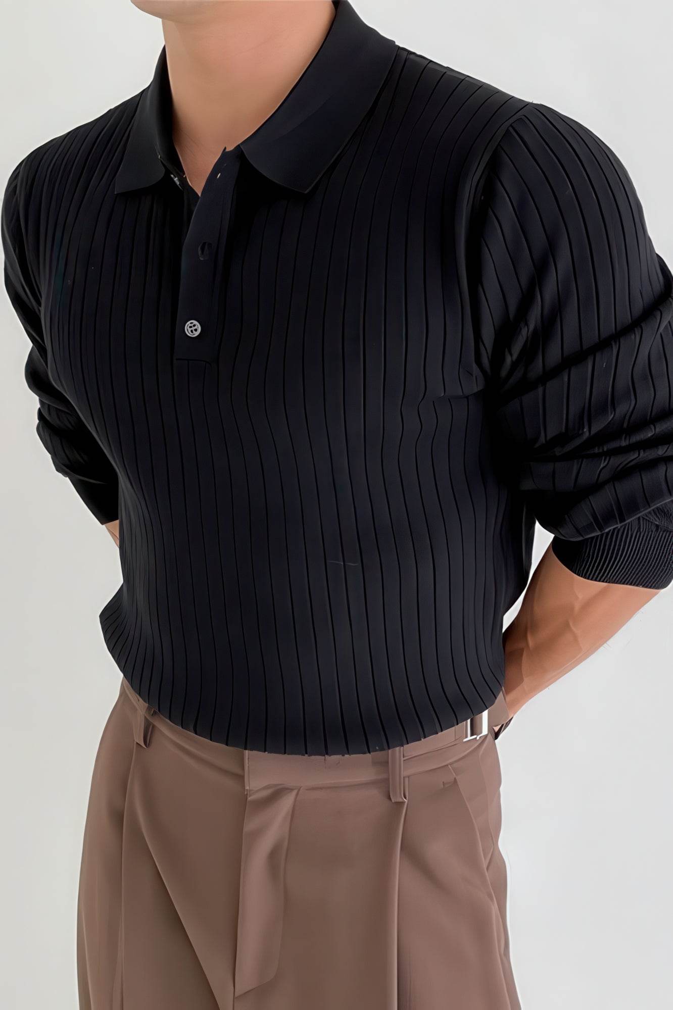 Men's Knit Polo Shirt - Muscle Fit Striped Long Sleeve Top - 4inme