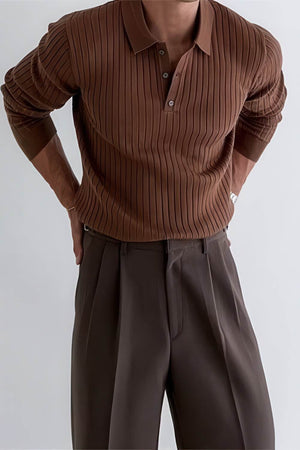 Men's Knit Polo Shirt - Muscle Fit Striped Long Sleeve Top - 4inme