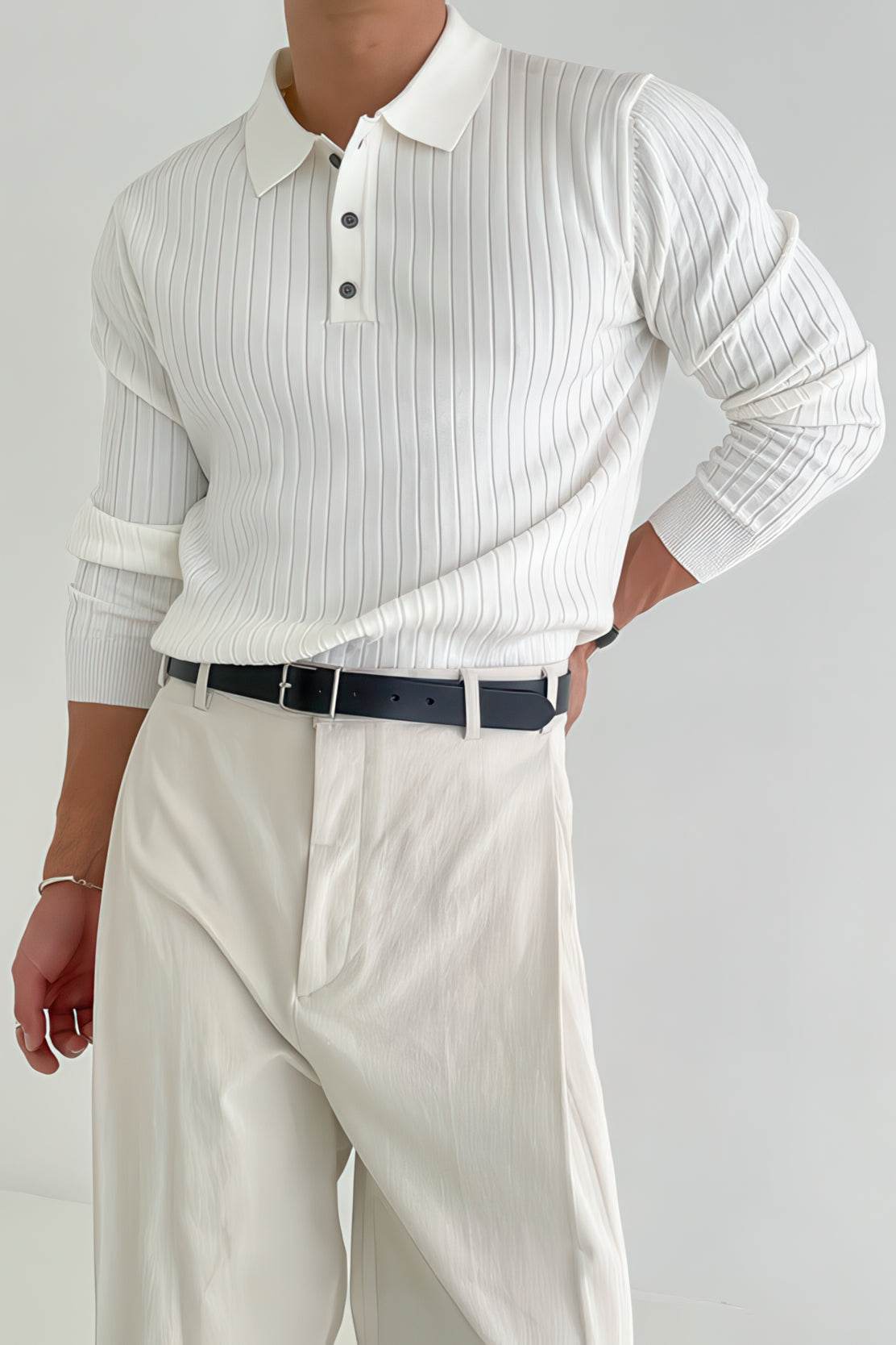 Men's Knit Polo Shirt - Muscle Fit Striped Long Sleeve Top - 4inme