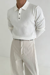 Men's Knit Polo Shirt - Muscle Fit Striped Long Sleeve Top - 4inme