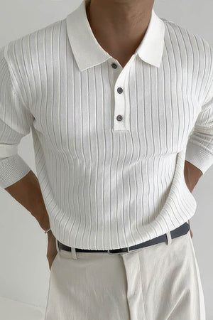 Men's Knit Polo Shirt - Muscle Fit Striped Long Sleeve Top - 4inme