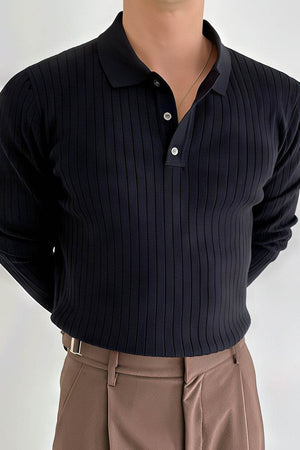 Men's Knit Polo Shirt - Muscle Fit Striped Long Sleeve Top - 4inme