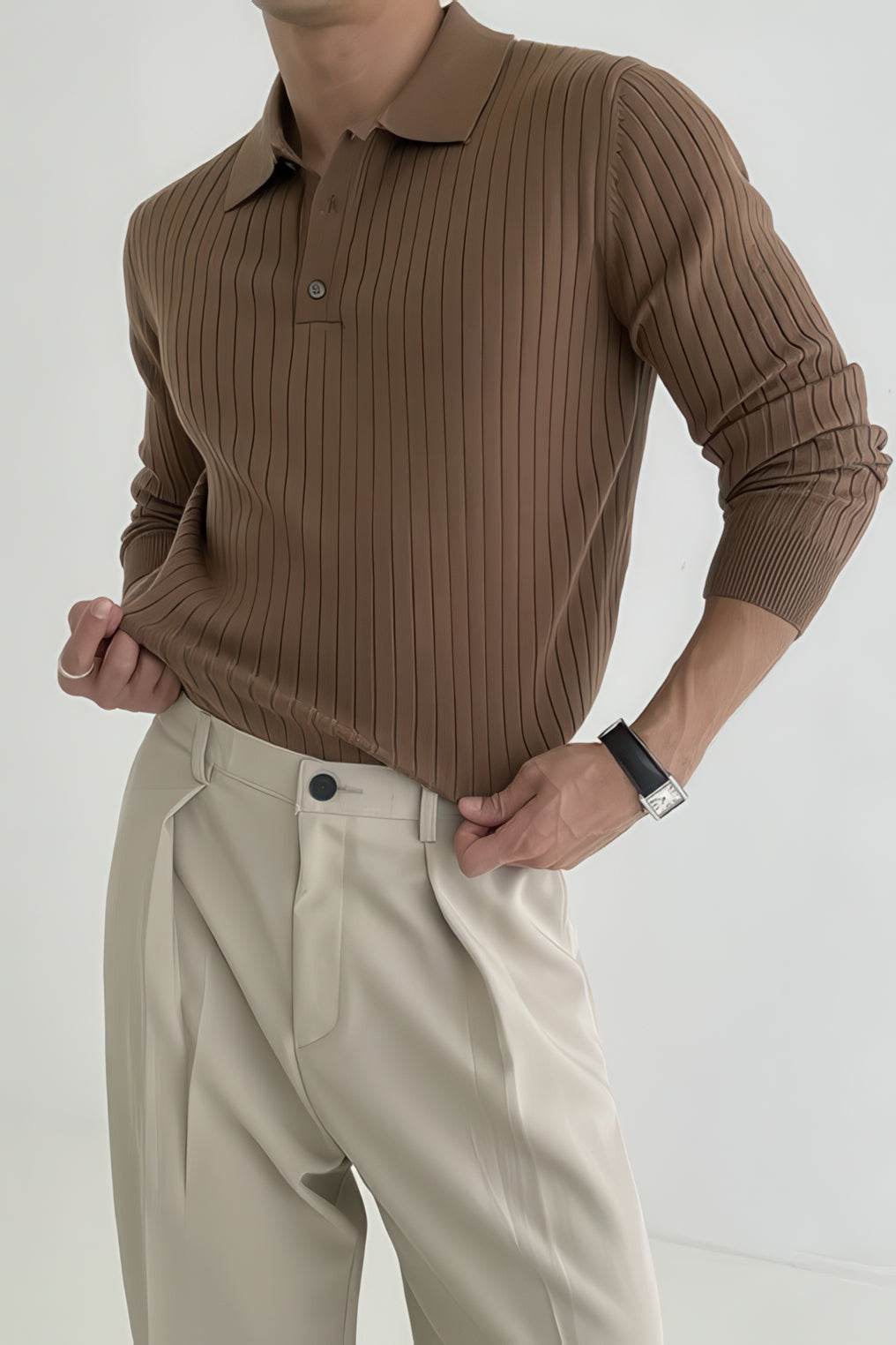 Men's Knit Polo Shirt - Muscle Fit Striped Long Sleeve Top - 4inme