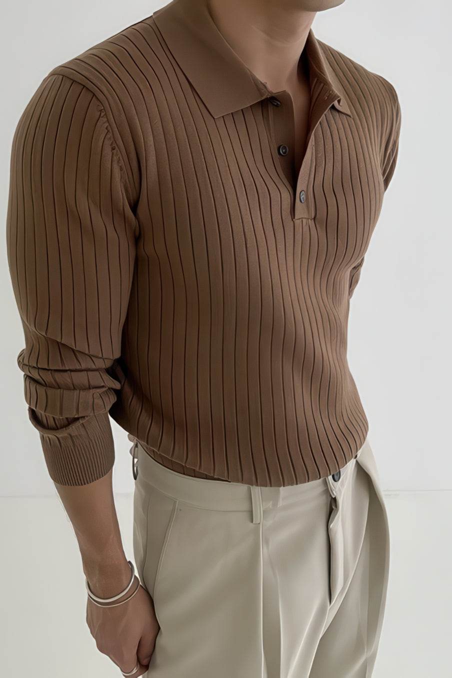 Men's Knit Polo Shirt - Muscle Fit Striped Long Sleeve Top - 4inme