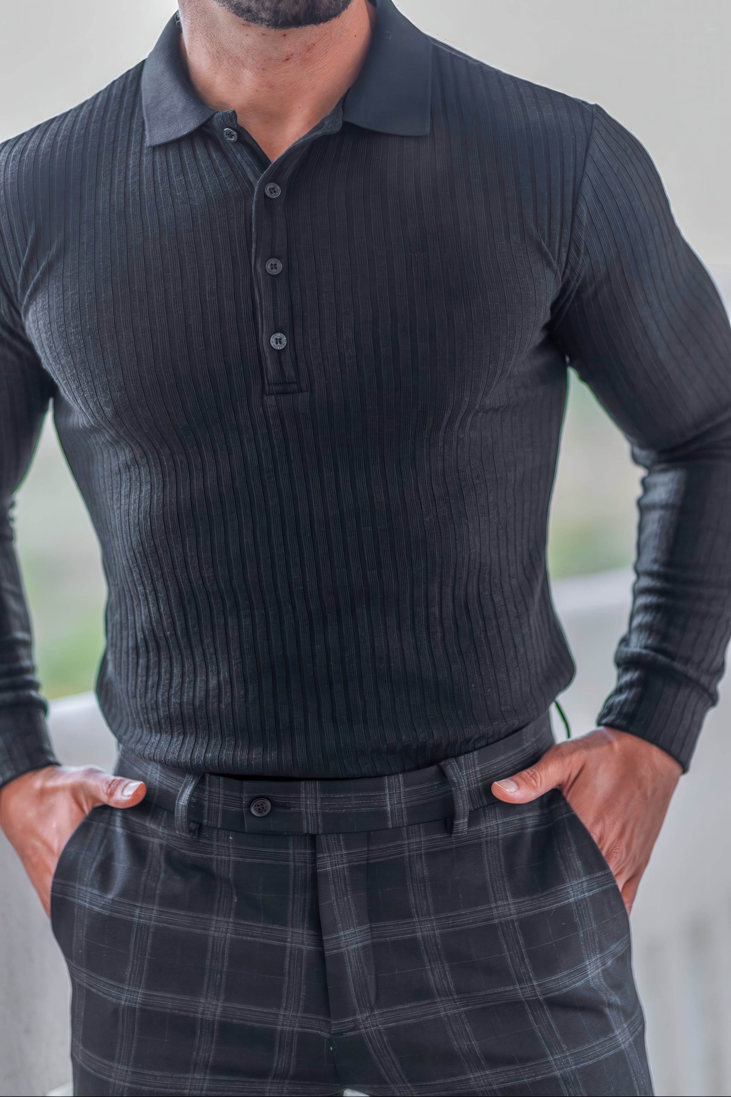 Men's Knit Polo Shirt - Muscle Fit Striped Long Sleeve Top - 4inme