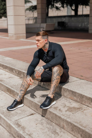 Men's Knit Polo Shirt - Muscle Fit Striped Long Sleeve Top - 4inme