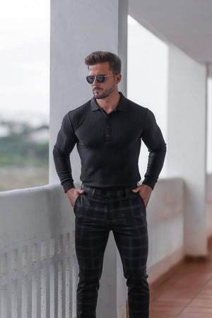 Men's Knit Polo Shirt - Muscle Fit Striped Long Sleeve Top - 4inme