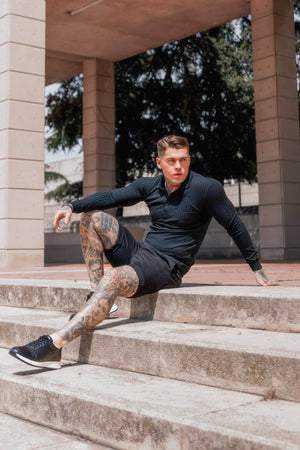 Men's Knit Polo Shirt - Muscle Fit Striped Long Sleeve Top - 4inme