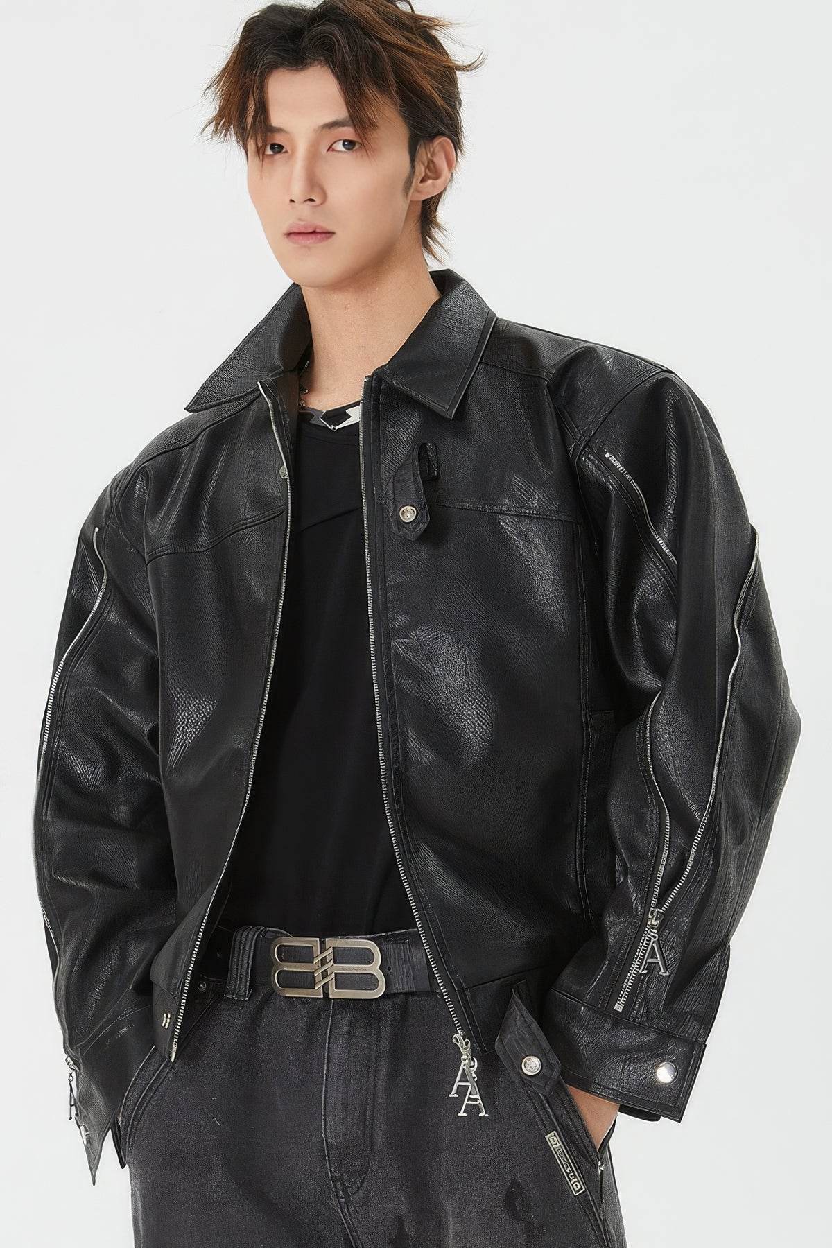 Men's Double Zipper Shoulder-Padded Leather Jacket - 4inme