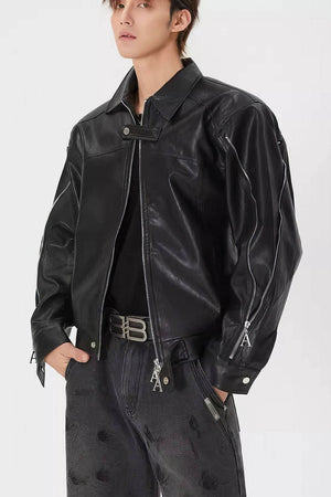 Men's Double Zipper Shoulder-Padded Leather Jacket - 4inme