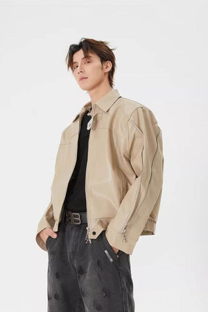 Men's Double Zipper Shoulder-Padded Leather Jacket - 4inme
