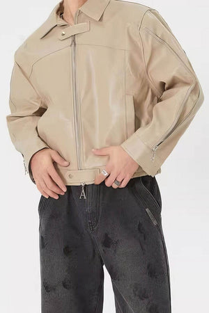 Men's Double Zipper Shoulder-Padded Leather Jacket - 4inme