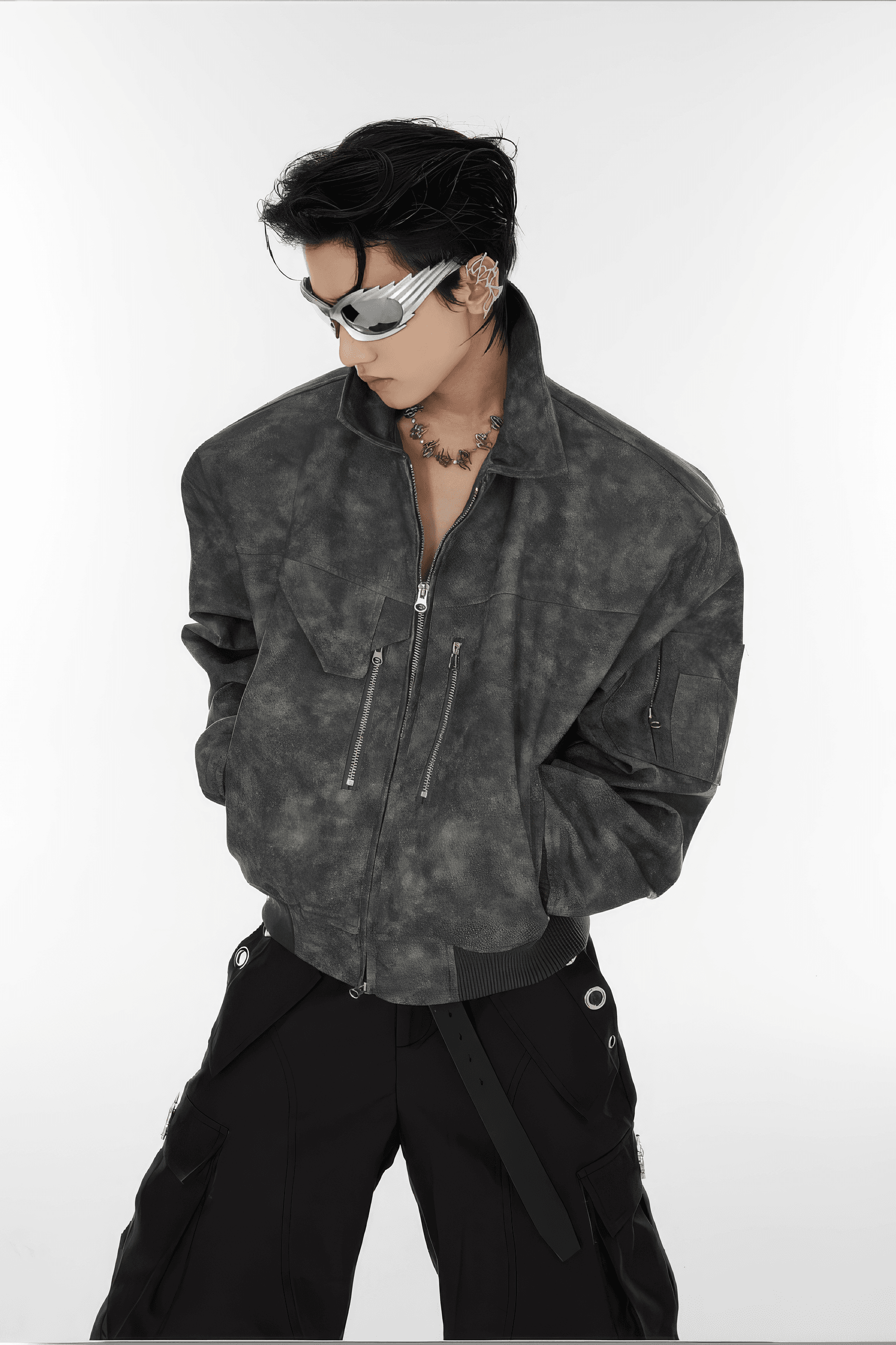 Men’s Trendy Polka Dot Gradient Pink Bomber Jacket with Shoulder Pads & Zipper Details - 4inme