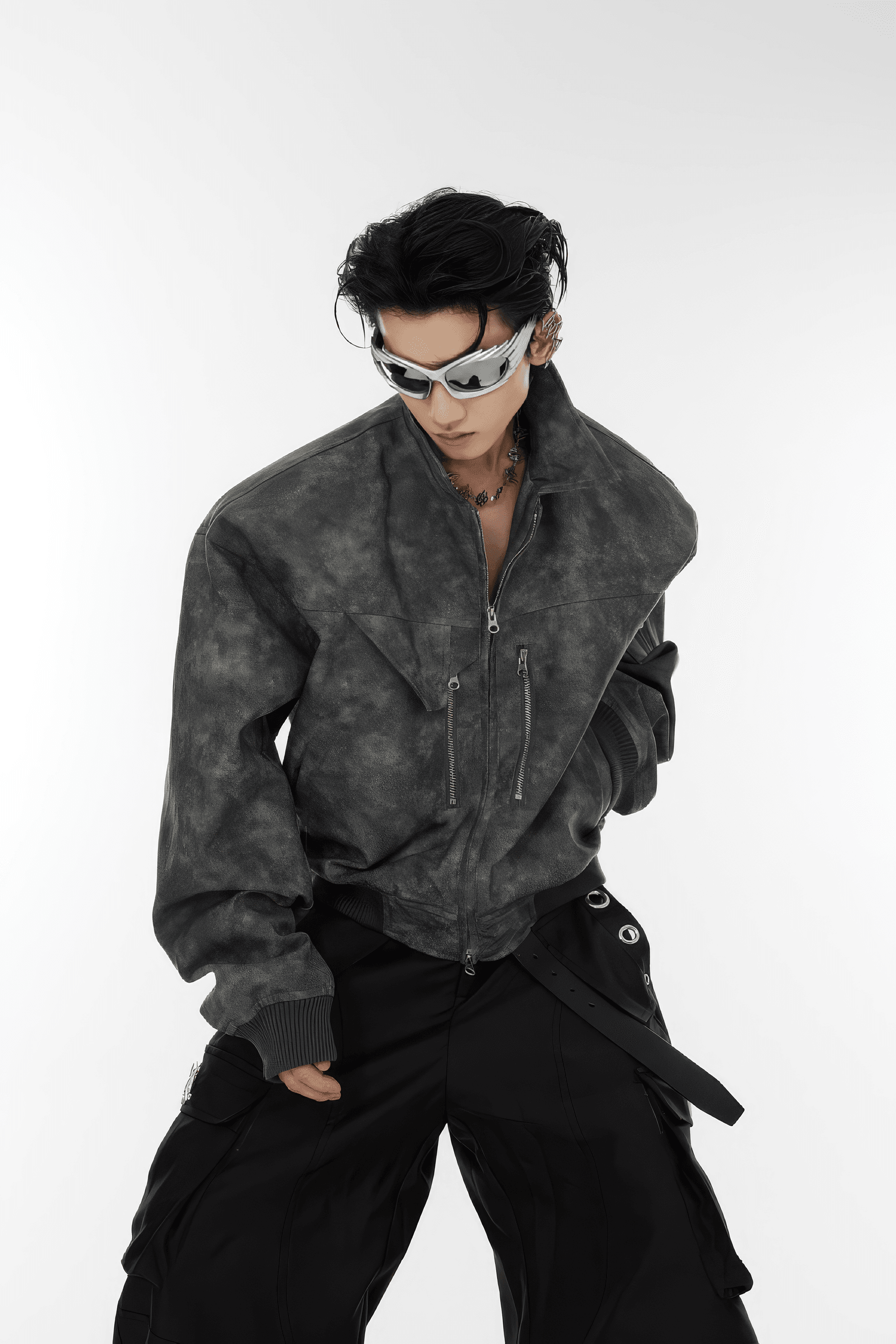 Men’s Trendy Polka Dot Gradient Pink Bomber Jacket with Shoulder Pads & Zipper Details - 4inme