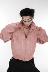 Men’s Trendy Polka Dot Gradient Pink Bomber Jacket with Shoulder Pads & Zipper Details - 4inme