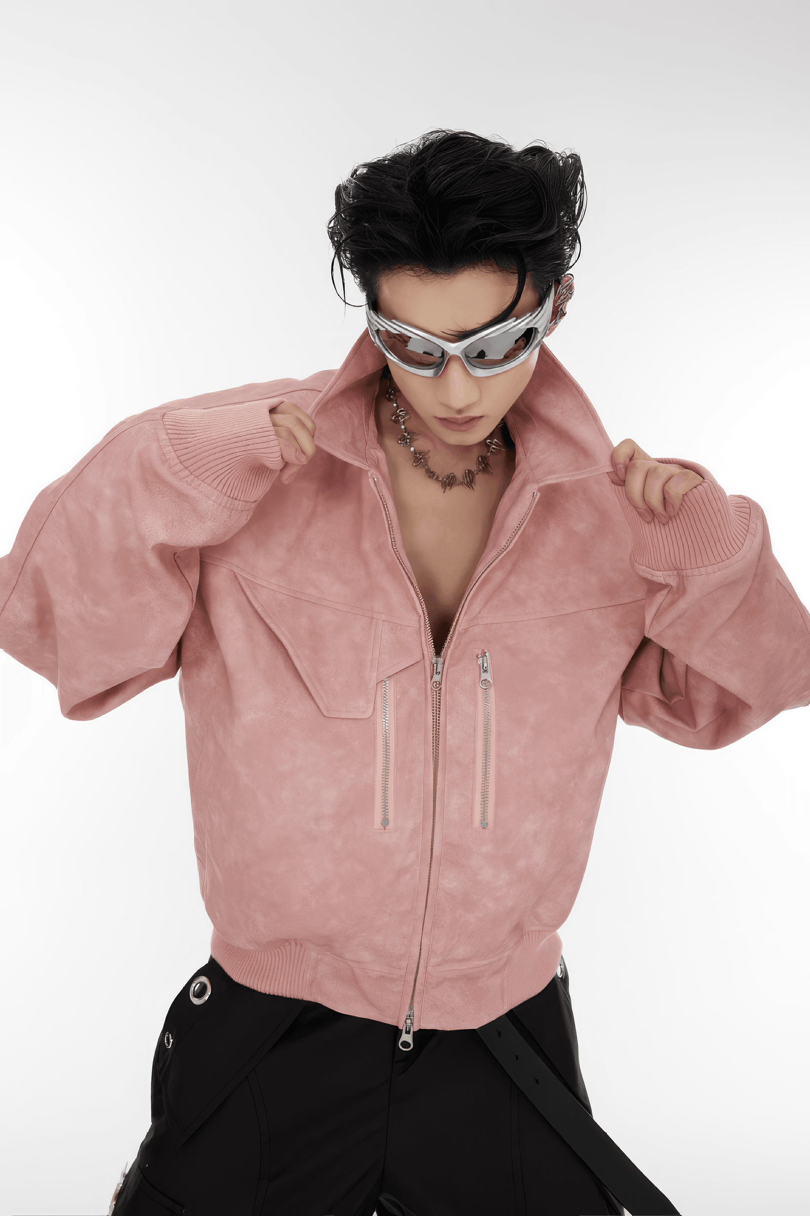 Men’s Trendy Polka Dot Gradient Pink Bomber Jacket with Shoulder Pads & Zipper Details - 4inme