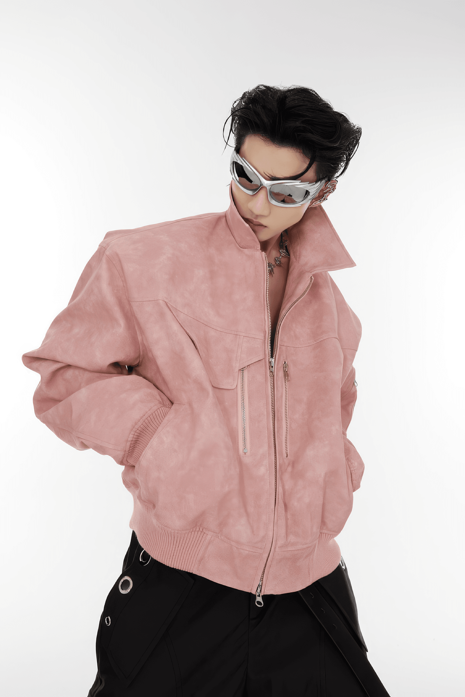 Men’s Trendy Polka Dot Gradient Pink Bomber Jacket with Shoulder Pads & Zipper Details - 4inme