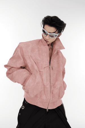 Men’s Trendy Polka Dot Gradient Pink Bomber Jacket with Shoulder Pads & Zipper Details - 4inme