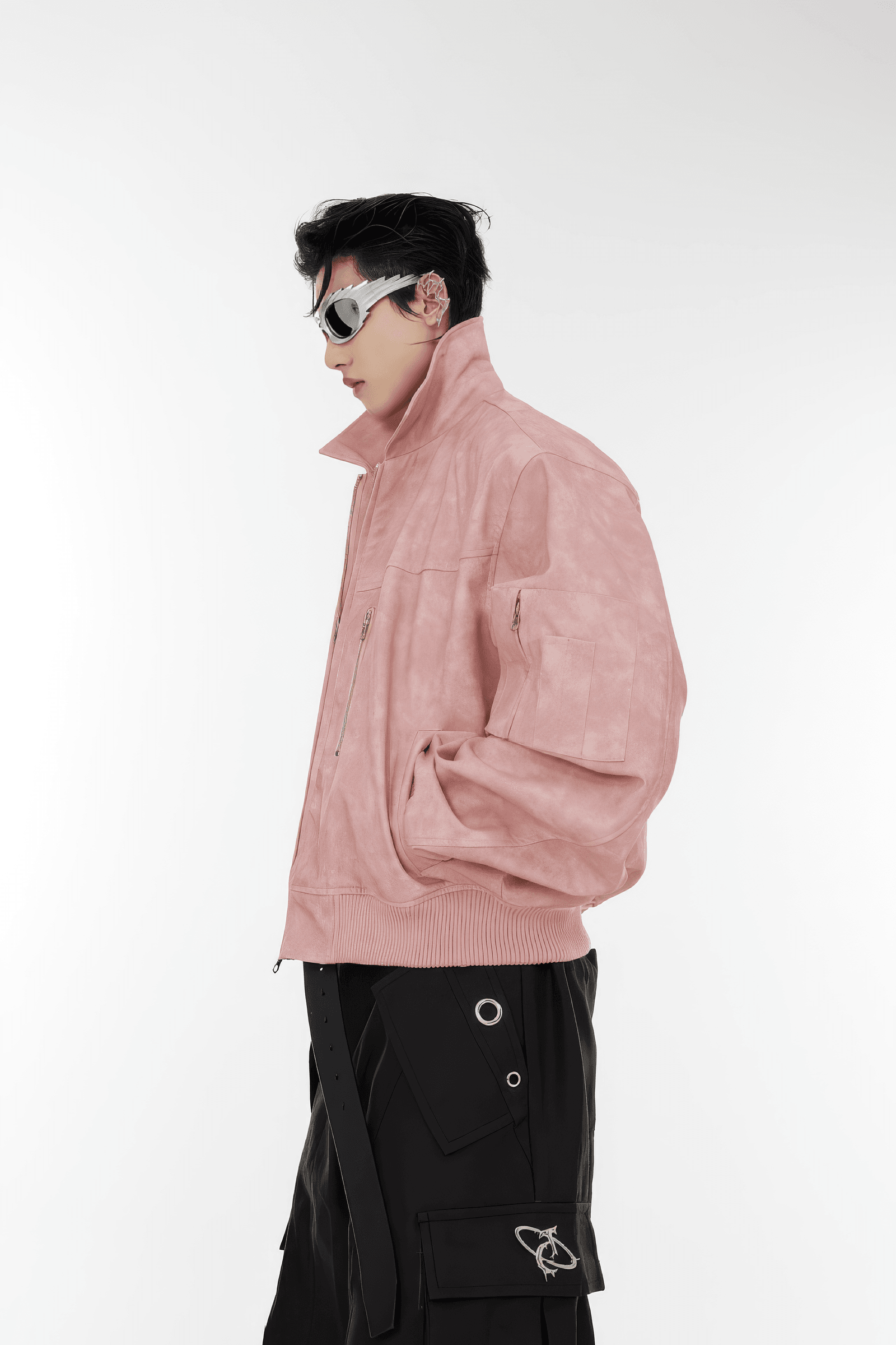 Men’s Trendy Polka Dot Gradient Pink Bomber Jacket with Shoulder Pads & Zipper Details - 4inme