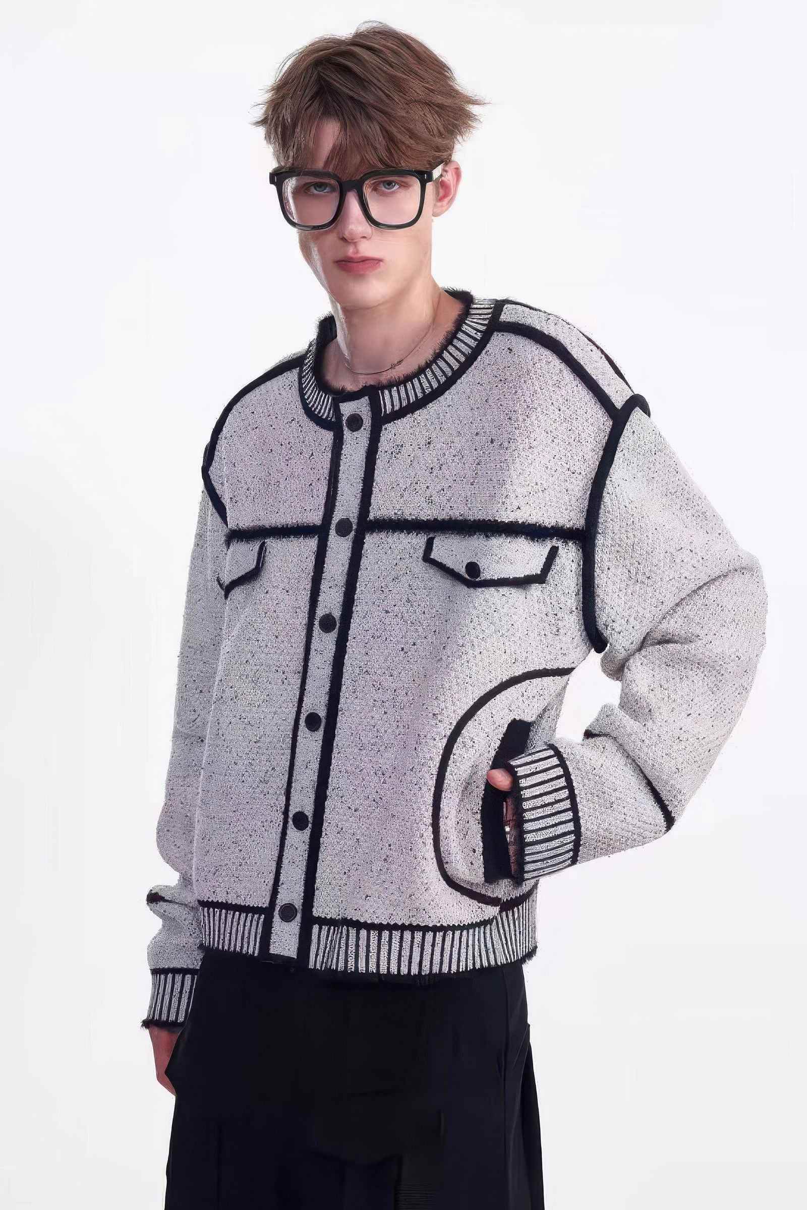 Knitted Sweater Jacket with Mark Pen Design - 4inme