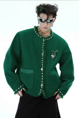 Minimalist Pearl-Decorated Knitted Sweater Jacket with Brooch Accent - 4inme
