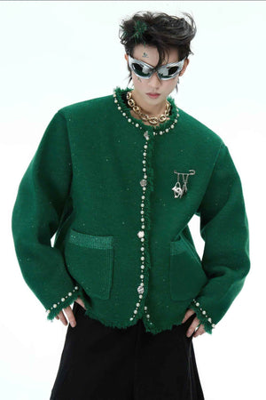 Minimalist Pearl-Decorated Knitted Sweater Jacket with Brooch Accent - 4inme