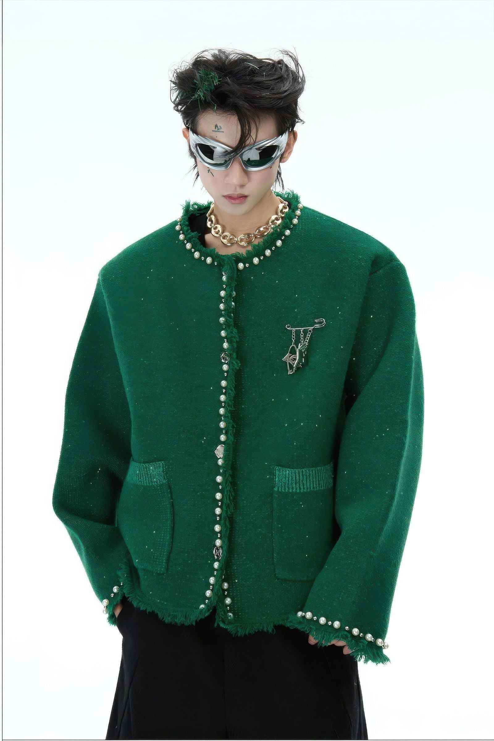 Minimalist Pearl-Decorated Knitted Sweater Jacket with Brooch Accent - 4inme