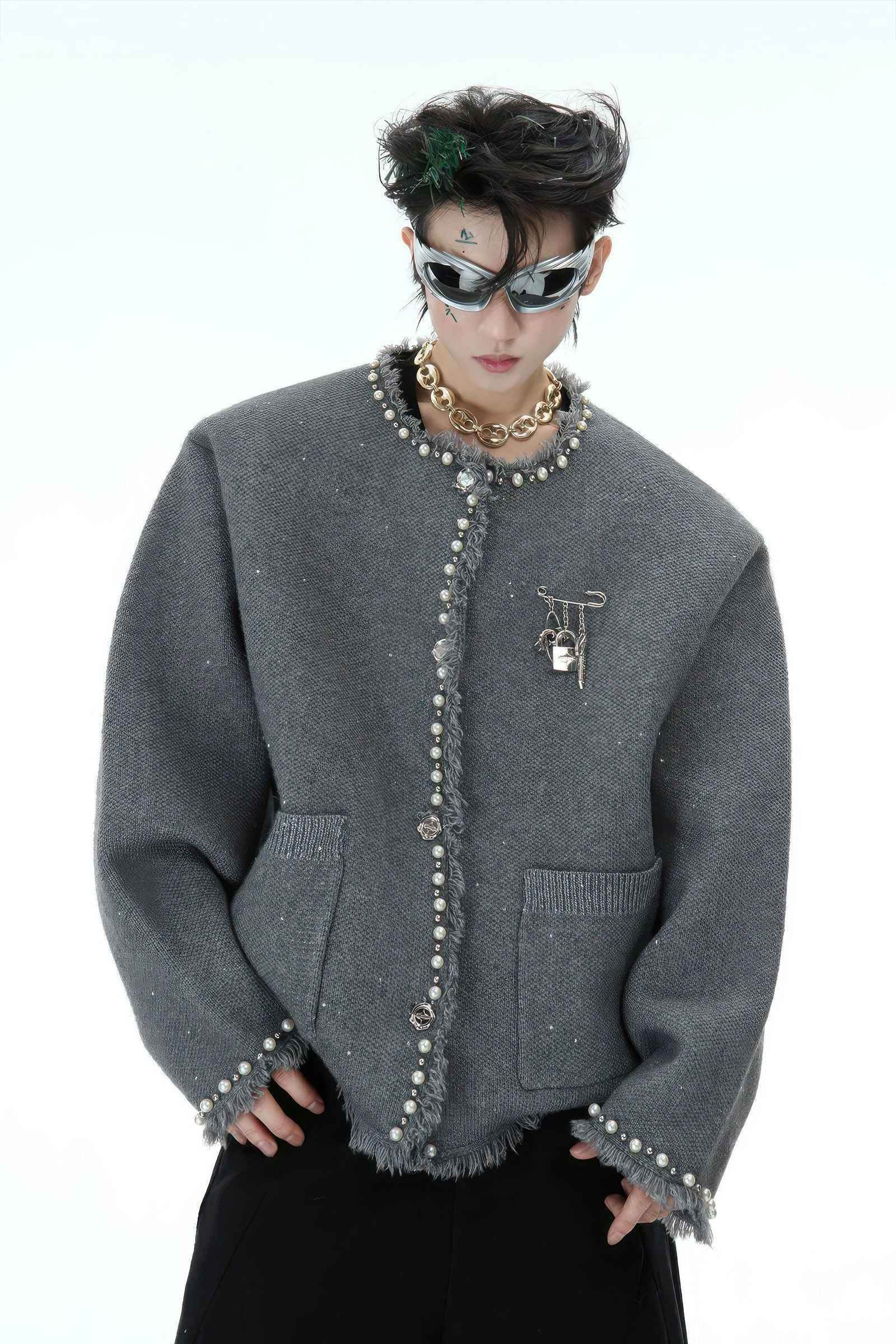 Minimalist Pearl-Decorated Knitted Sweater Jacket with Brooch Accent - 4inme