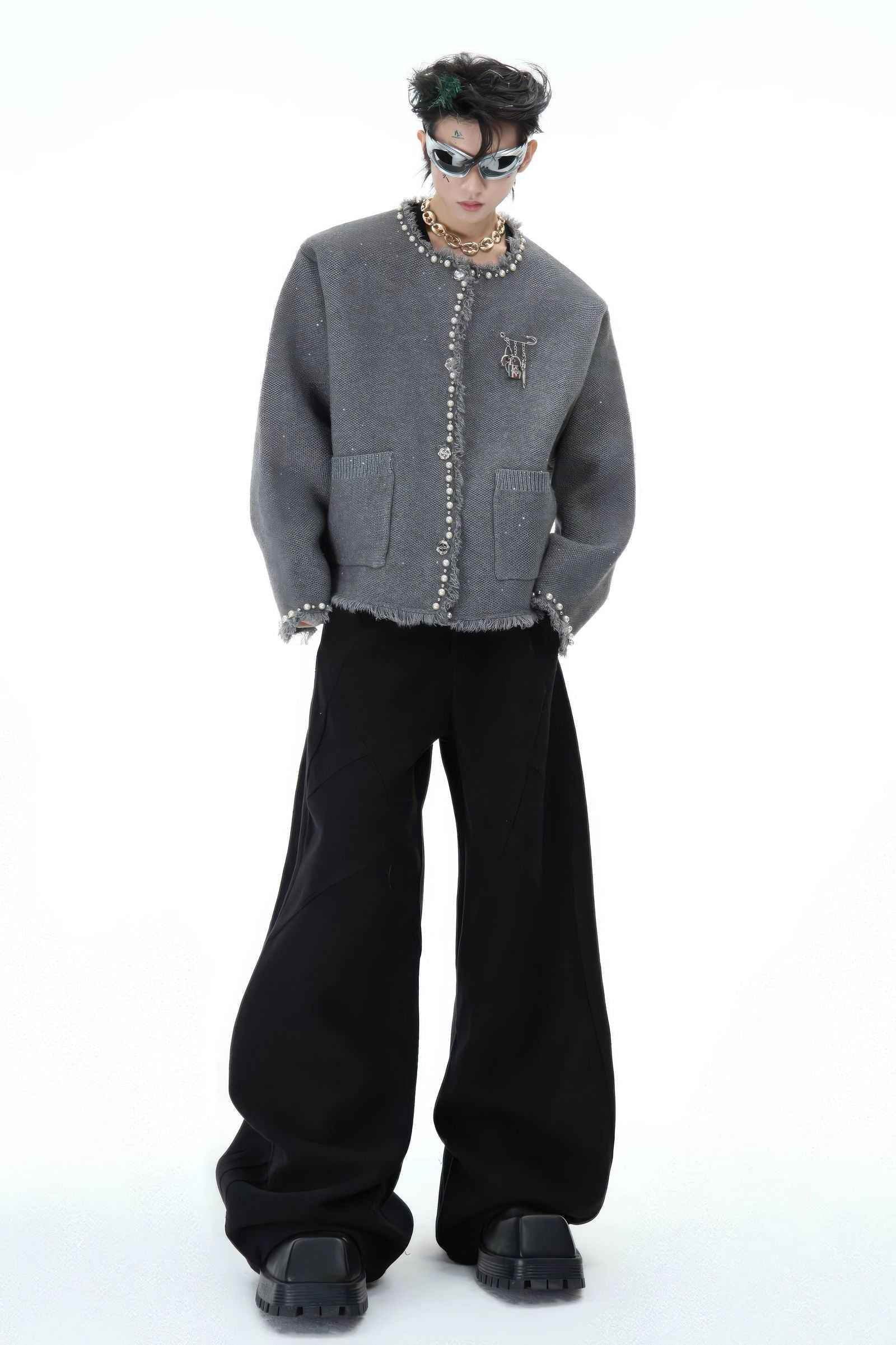 Minimalist Pearl-Decorated Knitted Sweater Jacket with Brooch Accent - 4inme