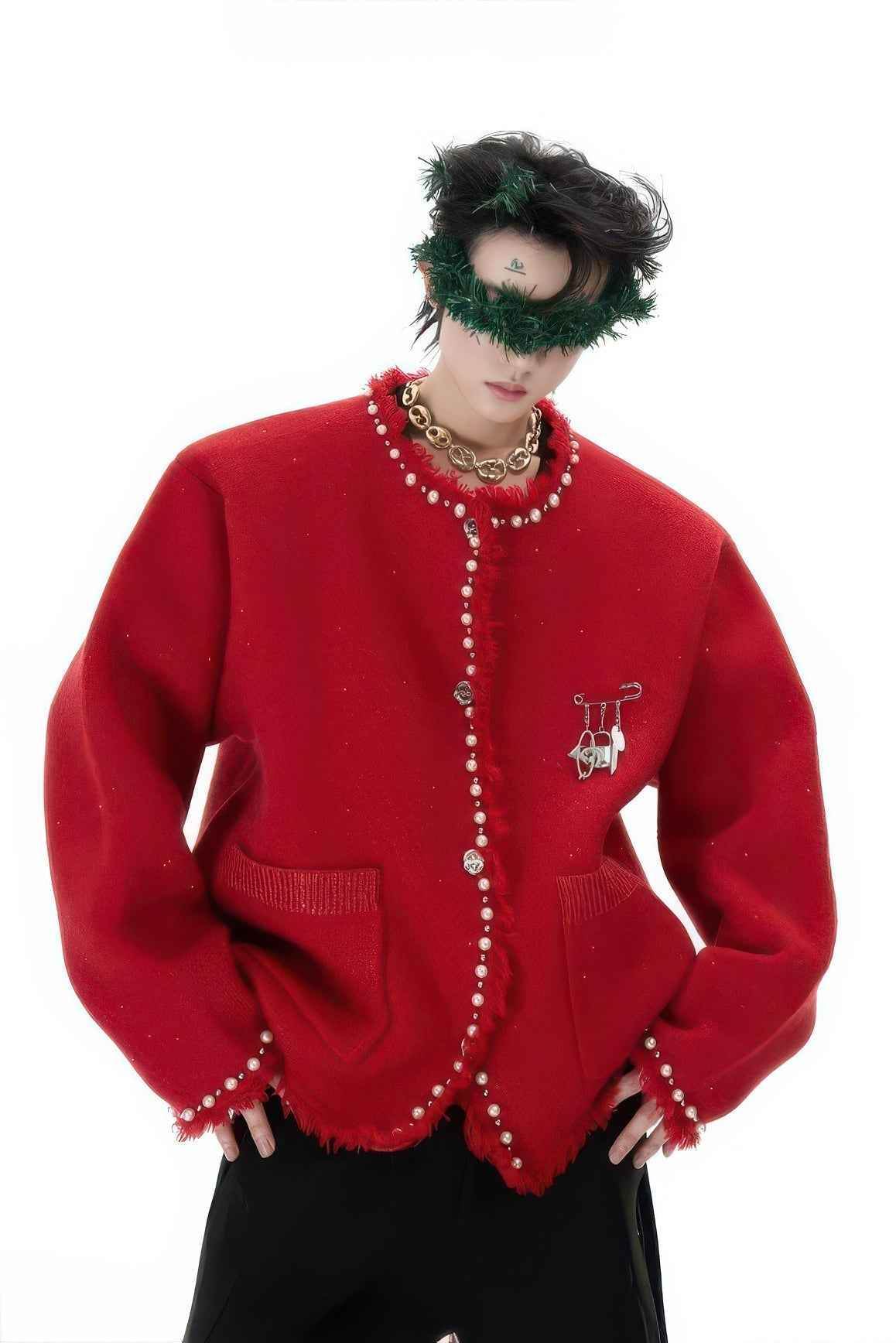 Minimalist Pearl-Decorated Knitted Sweater Jacket with Brooch Accent - 4inme