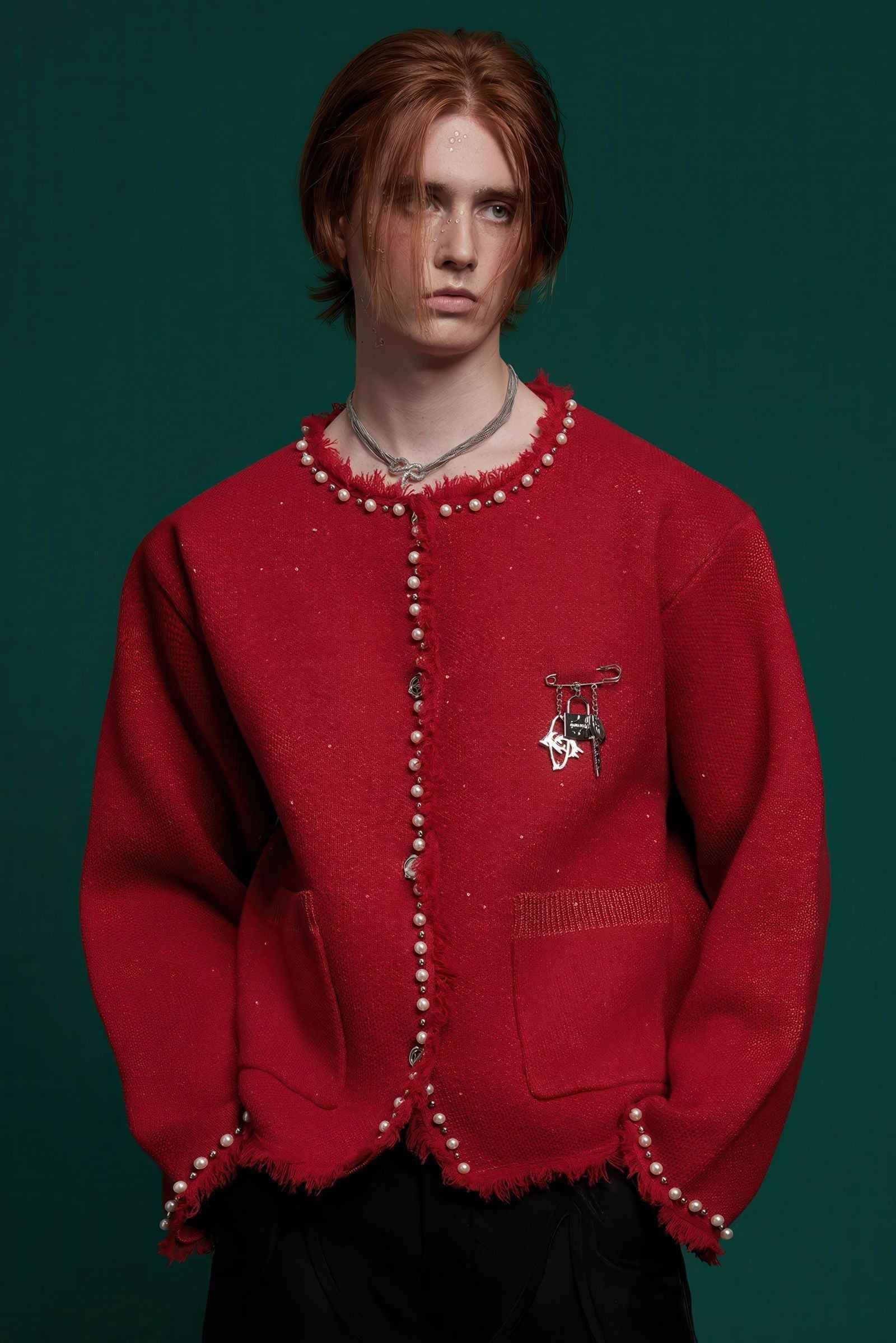 Minimalist Pearl-Decorated Knitted Sweater Jacket with Brooch Accent - 4inme