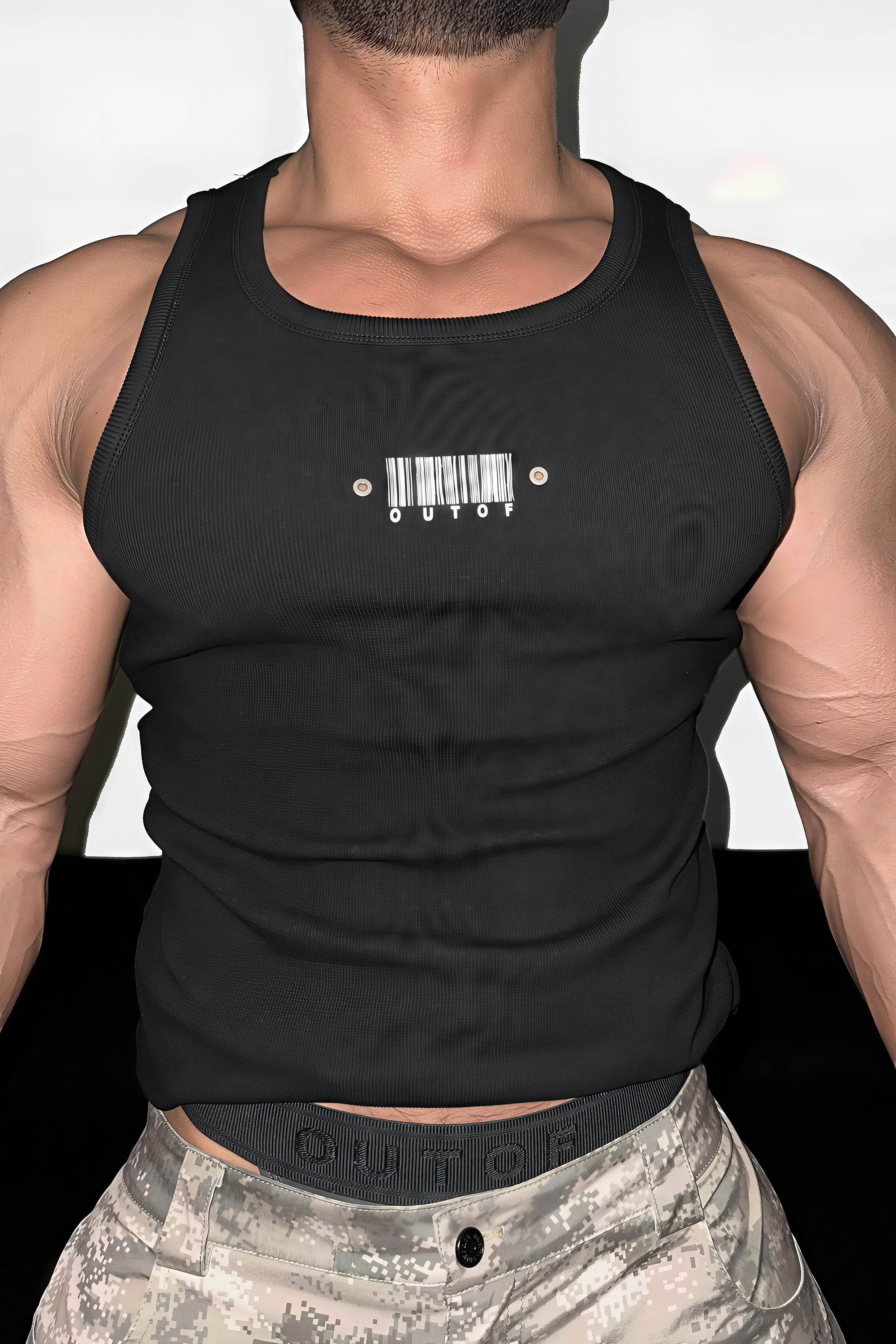 Men's Sleeveless Ribbed Tank with Stud Embroidery – Stretch Gym Wear - 4inme