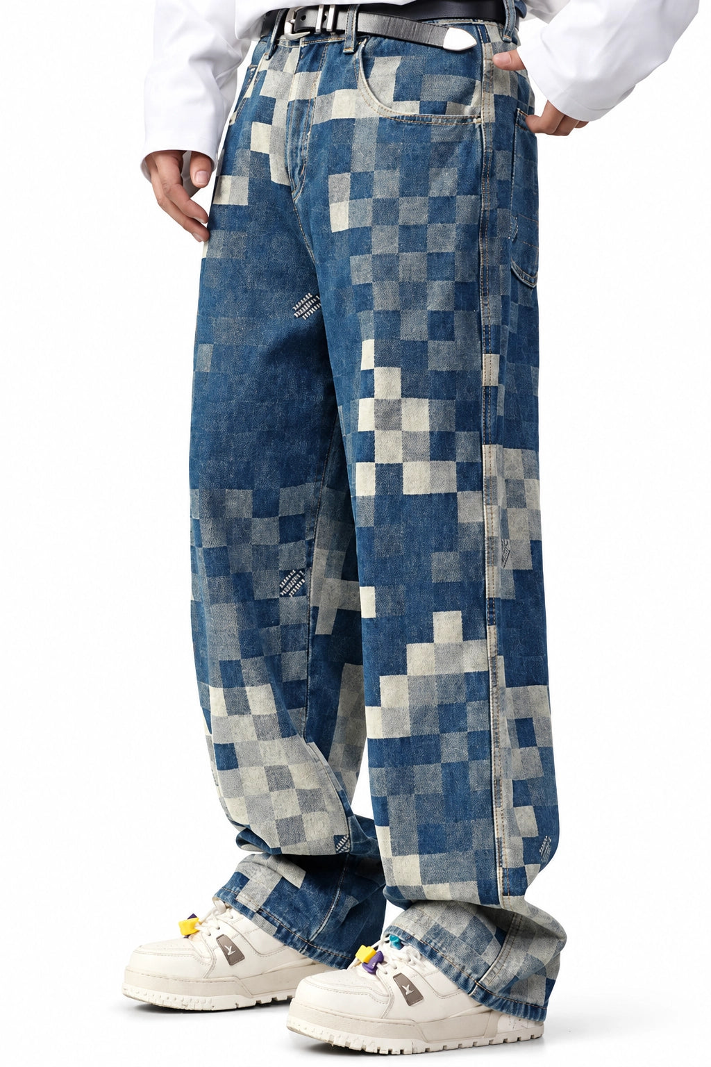 Plaid Patchwork Jeans - Oversized Wide-Leg Streetwear Pants