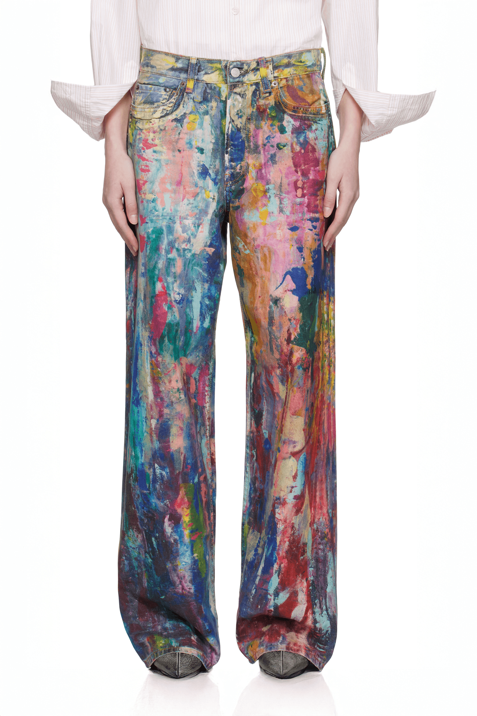 Unisex Colorblock Denim - Oil Painting Effect Relaxed Fit Pants - 4inme