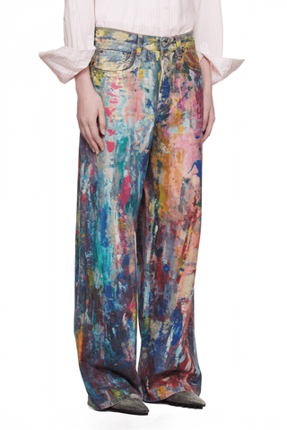 Unisex Colorblock Denim - Oil Painting Effect Relaxed Fit Pants - 4inme