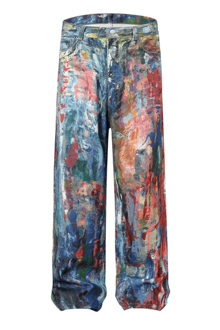 Unisex Colorblock Denim - Oil Painting Effect Relaxed Fit Pants - 4inme
