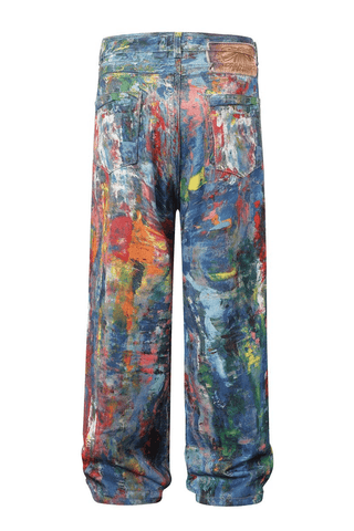 Unisex Colorblock Denim - Oil Painting Effect Relaxed Fit Pants - 4inme
